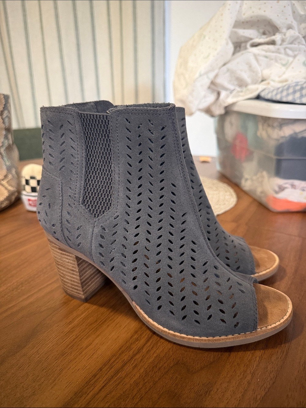 TOMS Grey Perforated Suede Peep-Toe Ankle Booties | Size 7